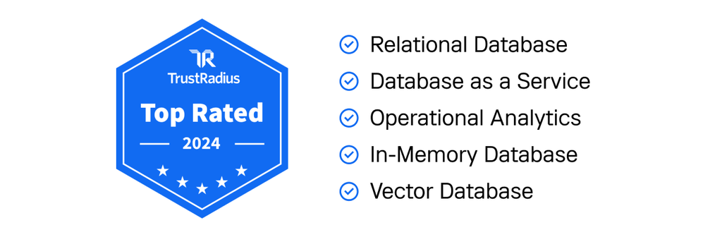 Trust Radius Top Rated 2024 for Relational Database, Database as a Service, Operational Analytics, In-Memory Database and Vector Database